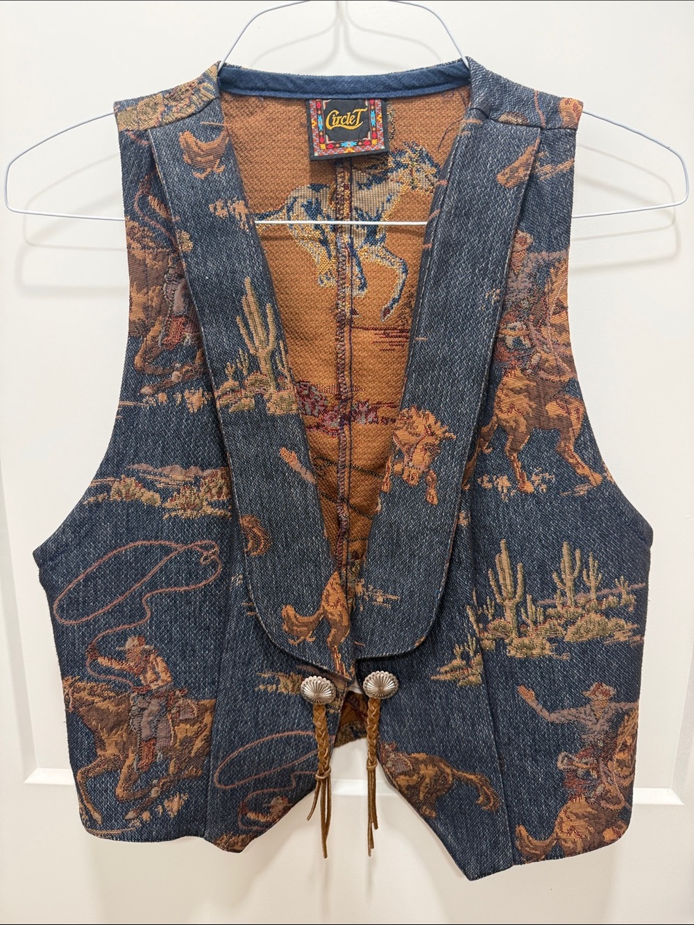 Circle T Western Denim Vest in Blue and Brown Tapestry